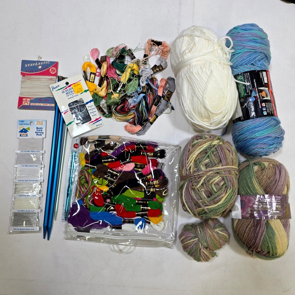Mixed Craft Supply Lot Yarn Embroidery Floss Knitting Needles Crochet Hook Tools